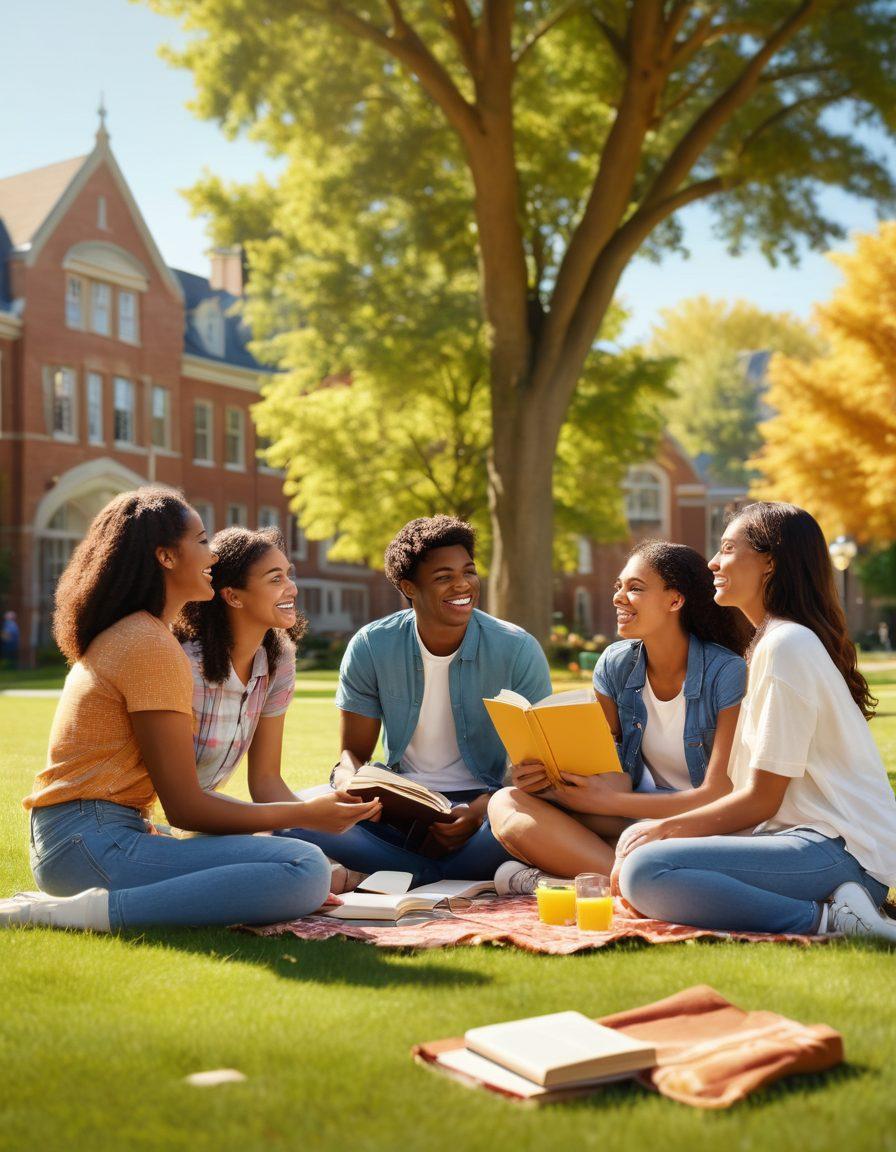A diverse group of college students joyfully engaging in friendly conversation on a sunny campus lawn. Incorporate elements like books, a picnic spread, and vibrant flowers, symbolizing empowerment and wellbeing. Capture a sense of connection and laughter among friends, with a serene campus background. Include soft sunlight filtering through trees for a warm atmosphere. super-realistic. vibrant colors. 3D.