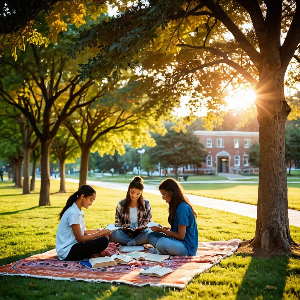 A picturesque college campus scene at sunset, featuring diverse students engaged in romantic activities, such as studying together on a blanket, sharing laughter over coffee, and walking hand-in-hand along a path lined with trees. Include subtle elements of emotional wellness, like open books or meditation spaces in the background to symbolize mindfulness. The atmosphere should evoke warmth, connection, and youthful optimism. vibrant colors. soft focus. dreamy atmosphere.